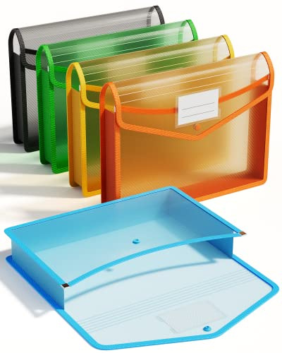 ThinkTex Plastic Expanding File Folder, Transparent Envelopes with Snap Closure, No Dividers, Large Capacity, Assorted Colors, Fits Letter / A4 Size - 5 Pack