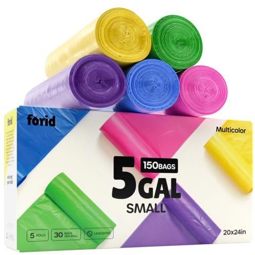 FORID Small Garbage Bags - 5 Gallon, Trash Can Liner for Home, Office, Bathroom, Bedroom, Waste Bin (5 Colors 150 Bags) - Durable & Thick Trash Bag Multi Colored