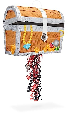 BLUE PANDA Pull String Treasure Chest Pinata - 12 x 10 x 6.5 In, Blue - Pirate Treasure Chest Birthday Pinata & Pirate Party Decoration