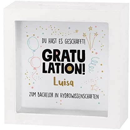 Herz & Heim® Geldgeschenk zum Schulabschluss oder Abitur in Form Einer bedruckten Spardose als Bilderrahmen Gratulation - Personalisiertes Geschenk bestandene Prüfung & Abi