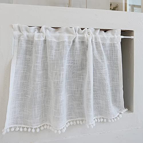 A.Monamour Tenda Corta per Finestra Piccola, Cotone Lino Bianco Trasparente Con Pompon, Nappa, Mezza Mantovana a Vetro per Cucina Bistrot Caffè