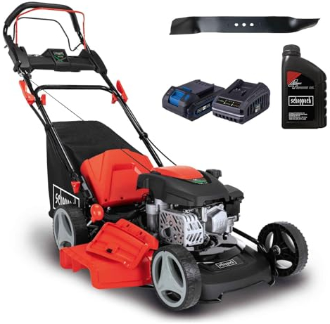 Scheppach MS150-46E Benzin Rasenmäher mit E-Start | 46cm Schnittbreite | 55L Korb | Stahlgehäuse | 7-fache Höhenverstellung | Mulchen | Radantrieb Seitenauswurf | inkl. Motoröl & 2. Mäh-/Mulchmesser