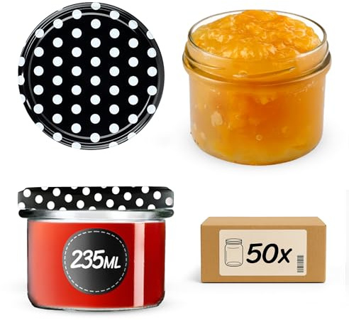 KADAX Lot de 50 bocaux en verre 235ml Ø82 – Pour confitures, conserves, cornichons & miel – Bocaux à vis, sans couvercle
