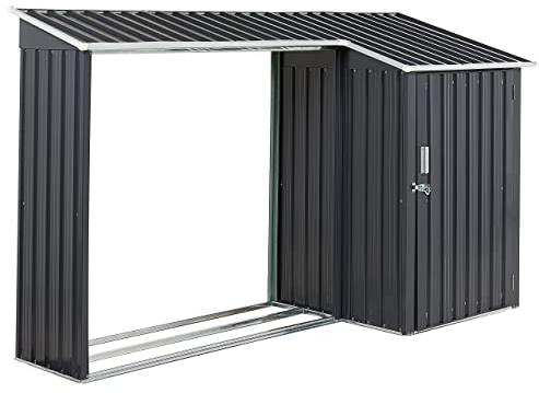 Gerätehaus Metall grau mit Holzunterstand Pultdach Tür 270 cm Modern Aosta
