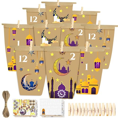 30 Stück DIY Ramadan Kalender zum Befüllen, Eid Mubarak Adventskalender zum Befüllen, Braune Blanko Kraftpapiertüten zum Dekorieren, Geschenktüten mit Aufkleber + 36 Holzklammern + 10m Hanfseil (B)