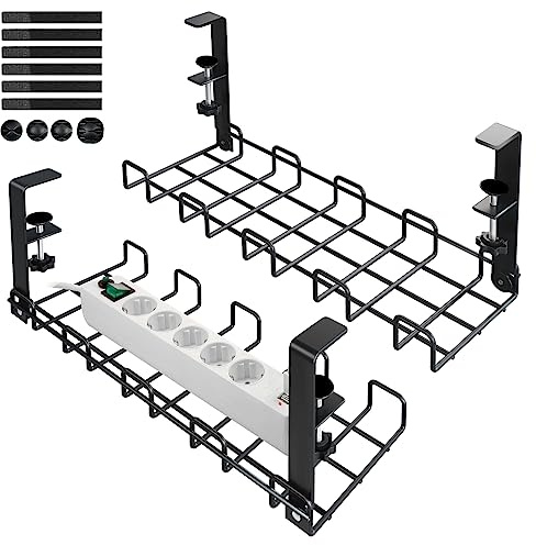 Lannvan Kabelkanal Schreibtisch Ohne Bohren - 2er Set Kabelmanagement Schreibtisch Aus Stahl - Inkl. Zubehör - Kabelkorb Klemmbar Untertisch - Schreibtisch Organizer für Büro/Home - Schwarz