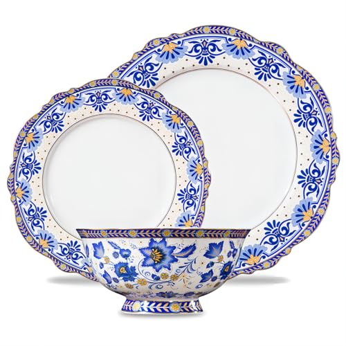 ACMLIFE 12-teiliges Geschirrset aus Knochenporzellan, Blau und Weiß, Vintage-Blumenmuster, Geschirr-Set für 4 Personen, leichte Teller und Schüsseln, Set mit Geschenkbox