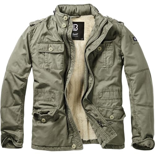 Brandit Individual Wear Men's Sherpa-Lined Cold-Weather Casual Outdoor Classic Field Jacket w/Stand-Up Collar & Hidden Hood, Olive, 3X-Large