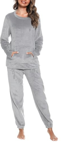 Lovasy Fleece Schlafanzug Damen Lang Winter Warmer Pyjama Set Flauschiger Frottee Schlafanzüge für Damen mit Taschen