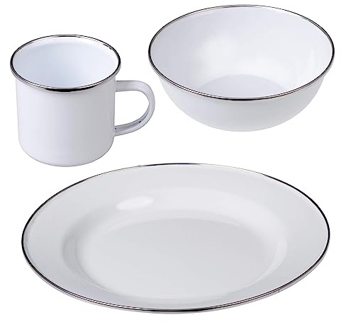 GRÄWE Vaisselle de camping en émail blanc – assiettes, bols, gobelets avec anse pour les expériences en plein air, idéal pour le camping et les pique-niques