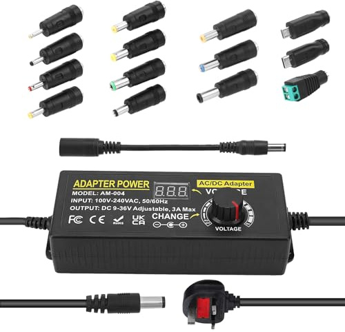 108W Universal Power Supply Adjustable DC 9V ~ 36V Variable Switching AC/DC Adapter 100V-240V AC to DC 36V 3A Converter with 14 Tips & Polarity Converter - 3A Max