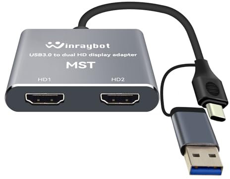 WinRaybot USB to HDMI Adapter for 2 Monitors-USB3.0 to Dual hdmi for 3 Monitors-USB to HDMI with Two HD Displau Supports Mac & Windows/Dual HDMI Extender -External Video & Graphics Card Adapter