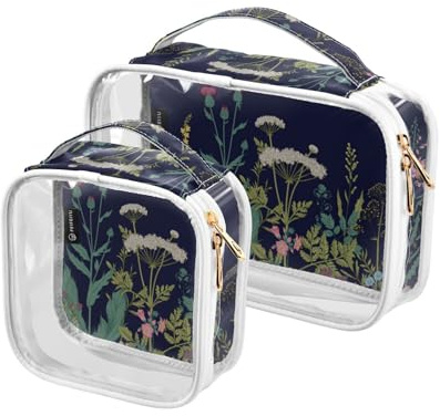 junzan Sacs de voyage transparents pour articles de toilette, taille L, herbes et fleurs sauvages, sac de voyage approuvé par la TSA, bleu marine, Pack of 2