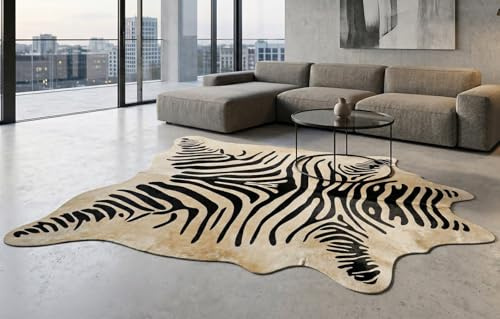 Kuhfelle Online & Nomad Zebra Kuhfell Teppich Creme Weiß 200x160 cm – Echtes Rinderfell mit Zebra Muster – Exklusiver Kuhhaut Teppich Groß, Modern & Pflegeleicht