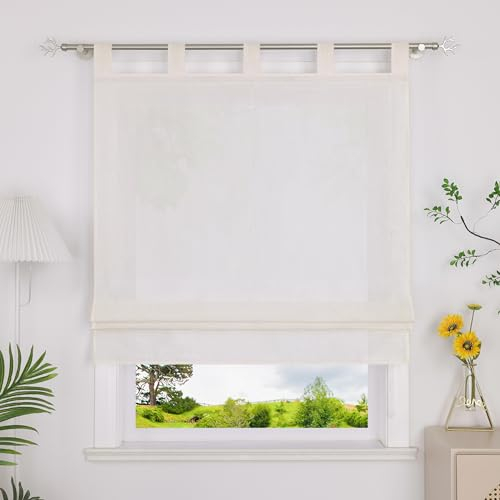 Heichkell Raffrollo mit Schlaufen Halbtransparent Raffgardine Küche Rollo Einfarbige Gardine Beige BreitexHöhe 80x140 cm