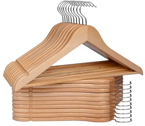 Pack 20 Perchas para Ropa de Madera Natural con Muescas Antideslizantes y Gancho Giratorio | Perchas Resistentes para Camisas, Chaquetas, Trajes y Abrigos | Organizador de Armario Robusto y Elegante