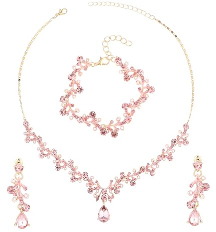 Yolev Rhinestone Wedding Jewelry Sets for Bridal Women's Crystal Necklace Bracelet Earrings Set Pink Gold Jewelry Set for Brides Bridemaid Prom Costume Accessories