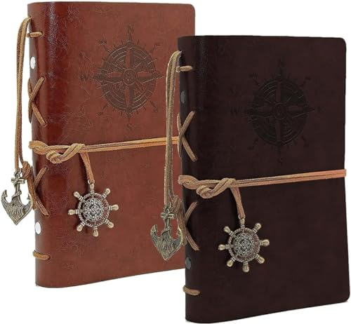 BetterJonny Confezione da 2 quaderni in pelle, formato A7, stile retrò, in pelle, vintage, rilegatura a spirale, diario ricaricabile, diario di viaggio, album di schizzi, per uomini e donne, caffè e