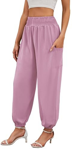 Neineiwu Haremshose Damen Lang für Sport Workout-Yogahose Jogginghose Sommerhose Leicht Weiche Lockere Bequem mit Groß Taschen,Hellrosa,S