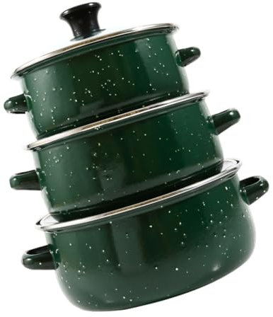 Ciieeo Enamel Stockpot and Soup Pot Mini Set, 3pcs Green Enameled Steel Cooking Pots with Lid, Double Handle Simmer and Boiling Pans for Home Kitchen and Vintage Cooking