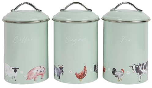 WiseAccordio Set of 3 Sage Green Animal Farm Carbon Steel Canisters Tea Coffee Sugar Jars| Country Kitchen Storage Jar Set |Farmhouse Kitchen Storage Jars with Airtight Lids