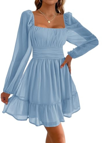 Imily Bela Abito da donna con scollo quadrato, in rete, a vita alta, pieghevole, a maniche lunghe, con volant