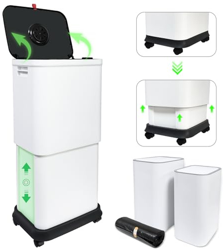 Gintan Cubo de basura de cocina con tapa ajustable, 25 – 45 L, extragrande, con ruedas, tapa hermética para residuos de cocina, con dos contenedores de basura de 9 litros con tapas (3 paquetes)