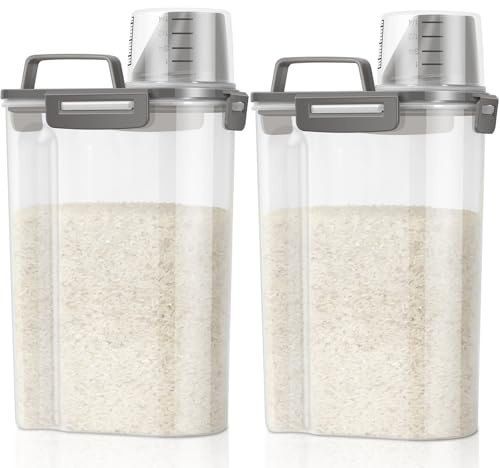 TBMax Rice Container Cereal Storage Container 2 Pack 5 Lbs, Kitchen Pantry Dry Food Storage Holder with Easy-Pouring Spout & Handy Cup, Small Pet Dog Cat Food Dispenser for Daily Feeding -Grey
