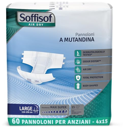 Soffisof Air Dry Pannoloni con Adesivi Maxi Super L - 60x Pannoloni per Anziani a Mutandina - 4 Confezioni da 15 Pezzi, Assorbenza fino a 9,5 Gocce - Ausili Incontinenza Uomo e Donna