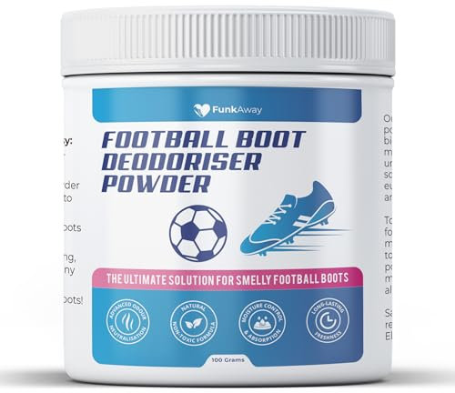 Football Boot Deodoriser Powder - Odour Eliminator & Freshener for Smelly Shoes, Trainers & Sports Gear - Absorbs Moisture & Sweat - Natural Non-Toxic Formula, Peppermint & Tea Tree - 100g Container