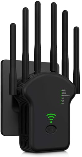Repetidor WiFi,Amplificador señal WiFi Potente,6 Antenas,2 Puertos LAN,Cobertura Total de 360°,Cobertura de hasta 11800Sq.Ft,repetidor WiFi Largo Alcanc,para oficinas y hogares,Easy Set up (U14)