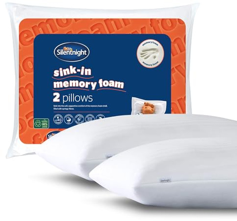 Silentnight Sink-In Memory Foam Shell Pillow - Filled with Springy Bounceback Fibres for Support and Comfort - Ideal for Back and Side Sleepers - Soft Touch Embossed Cover, Hypoallergenic, 2 Pack
