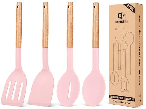 Pack of 4 Silicone Cooking Utensils Set, Non Stick Solid Spatulas and Heat Resistant Slotted Spoons with Wooden Handle, Ideal Wood Kitchen Utensils Set for Frying,Serving,Turning,Stirring (PINK)