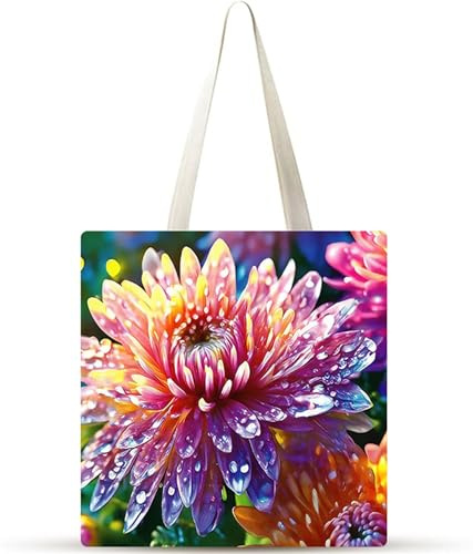 Cekog Crisantemo Bolsa de Lona 38x34cm Tote Bag sin Cremallera,juego de 4 Canvas Tote Bags para Mujer, Bolsa de Compras Plegable, Bolso de Mano Lavable para Compras, Trabajo, Vida Cotidiana, Viajes
