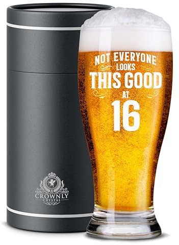 CROWNLY CRYSTAL® Personalised 16th Birthday Beer Glass Funny Pint Gift for Boys Girls Friend or Sibling Unique Party Decoration