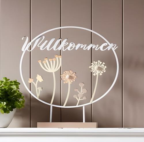 Dekoleidenschaft Dekoring Willkommen aus Metall, weiß, im Shabby-Look, Metallring mit Schriftzug, Kranz mit Fuß zum hinstellen, Dekokranz auf Sockel, stehend