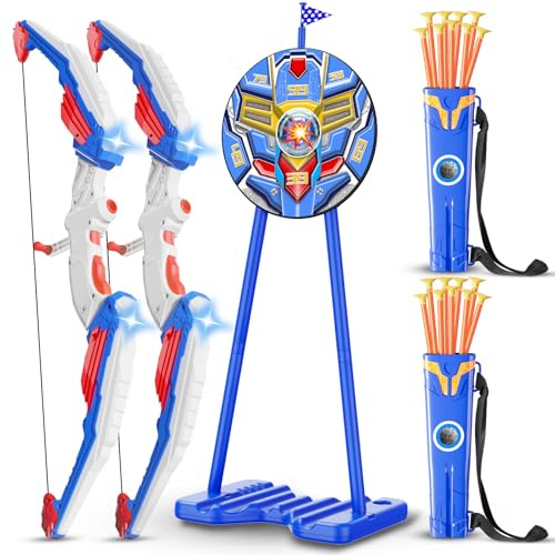 DX DA XIN Pfeil und Bogen Kinder 2 Pack - LED Licht Bogenschießen Spielzeug Set mit Stehender Zielscheibe 20 Saugnapfpfeile und 2 Köcher Sport Outdoor Spiele Geschenk für Jungen ab 4 5 6 7 8 9 Jahre