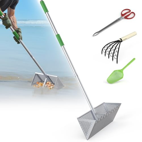 Rastrillo para pulgas de arena de aluminio para la playa, 134 cm con cesta de 40 cm, colador de arena con pala de arena, pinzas de cangrejo y rastrillo de conchas