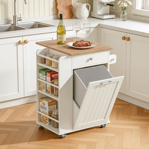 spanspace Kitchen Island with Trash Can Storage & Drop Leaf, Portable Kitchen Island on Wheels, Rolling Island Table for Kithchen