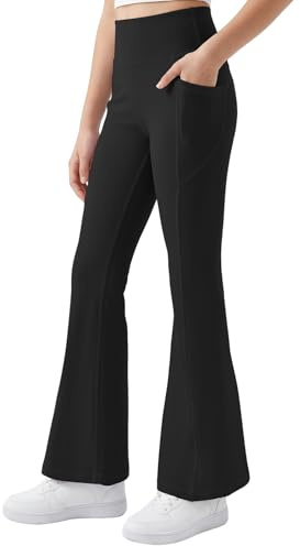 JinBei Flickor utsvängda leggings hög midja barn stretchiga atletiska skolbyxor med fickor yogapanter klockunderdel bootcut byxor lätta kläder för dans vardagliga sporter, 7-13 år