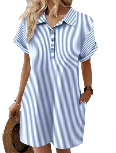 Zeagoo Vestidos de Verano para Mujer de Algodón Vestido Tipo Camiseta de Manga Corta Mini Vestido Casual de Playa con Bolsillos Rayas XL