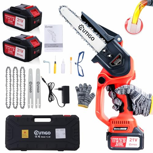 Mini Chainsaw Cordless, 21V 8 Inch Battery Powered Chainsaw with 2 Batteries, 3 Chains, 2 Guide Bars, Safety Gloves, Carrying Case