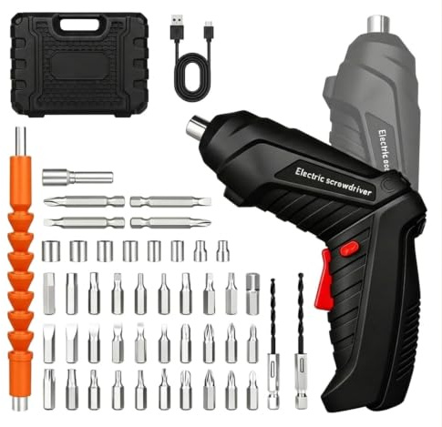Electric Screwdriver, 48-in-1 Cordless Screwdriver Rechargeable 1300mAh, 46 Drill Bits Screwdriver Set Electric with LED Light, 180°Rotating Handle, Mini Drill Small Screwdriver for Home DIY, Black