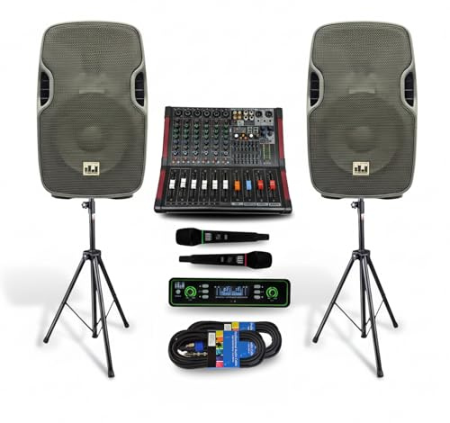 MUSYSIC Portable PA System with Wireless UHF Microphone, 15 2000W Passive PA Speakers, Party, DJ Speakers, 6 Channel Audio Mixer, 1200W Speaker with Wireless Microphone, Complete Kit w/Stands