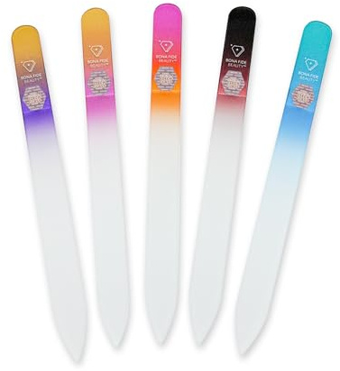 Bona Fide Beauty Czech Glass File Set, 5-Pc Files with Sleeves (Multicolor) | Genuine Bohemian crystal glass file with case, easy to clean fingernail file, reusable manicure tool, fine grit file