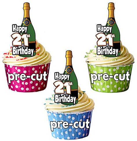 AK Giftshop Happy 21st Birthday Champagne Bottles - Precut Edible Cupcake Toppers/Cake Decorations - Mens - Ladies - Celebrations - Party (Pack of 12)