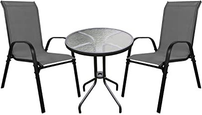 Mojawo® Bistrogarnitur 3-teilig Bistrotisch Glas/Metall Rund Ø 60 H70cm Anthrazit + 2 Stapelsessel Metall/Textilen Schwarz/Anthrazit