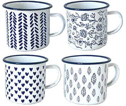 All Chic Set di 4 tazze da caffè smaltate da campeggio, tazza da caffè, tazza da tè, campeggio, tazza smaltata, set da caffè con motivo floreale blu, foglia e cuore