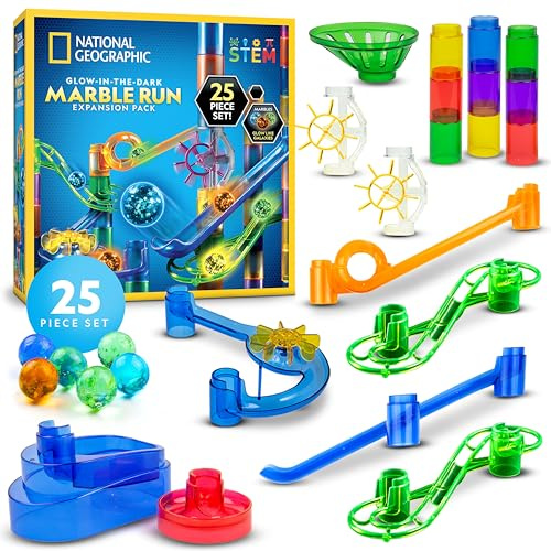 NATIONAL GEOGRAPHIC Glowing Marble Run Expansion Pack - 5 Glow in The Dark Glass Marbles, 20 Construction Pieces, Great Creative STEM Toy for Girls and Boys, Marble Maze