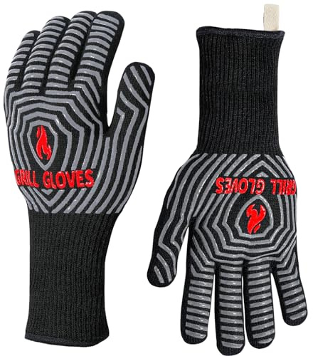 QUWIN BBQ Gloves, Oven Gloves 1472℉ Extreme Heat Resistant, Grilling Gloves Silicone Non-Slip Oven Mitts, Kitchen Gloves for BBQ, Grilling, Cooking, Baking-1 Pair… (Black, One Size(Long Cuff))